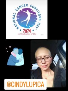 Checkered background features the 2024 National Cancer Survivors Day logo. A woman with short hair and glasses smiles while seated in a car.