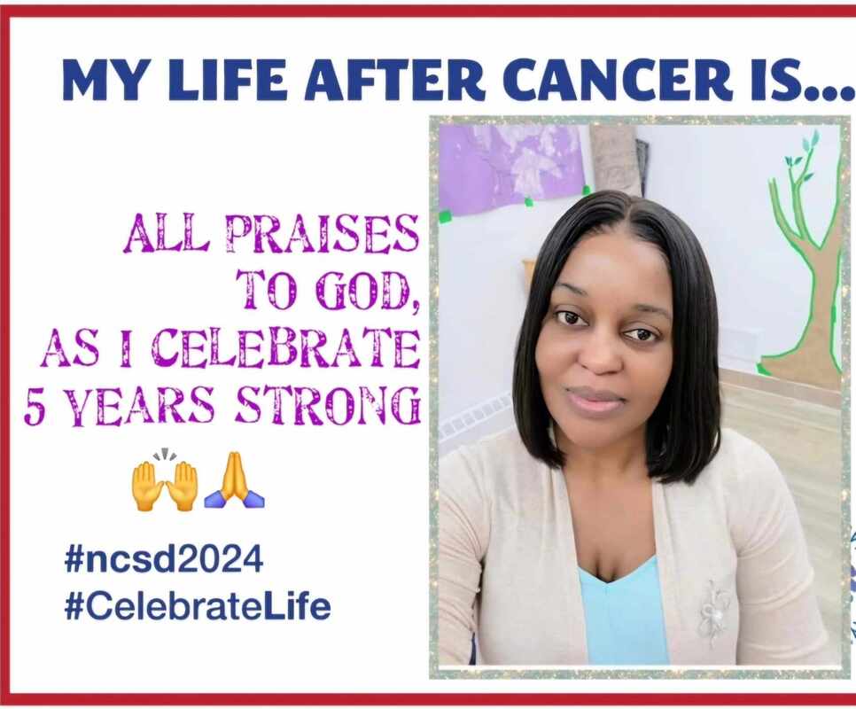 Celebrating 5 years cancer-free, a woman expresses gratitude with a joyful message, surrounded by a serene background. #ncsd2024 #CelebrateLife