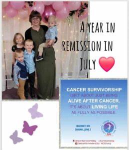 Celebrating a year in remission, a woman poses joyfully with four children against a backdrop of pink balloons, emphasizing cancer survivorship.