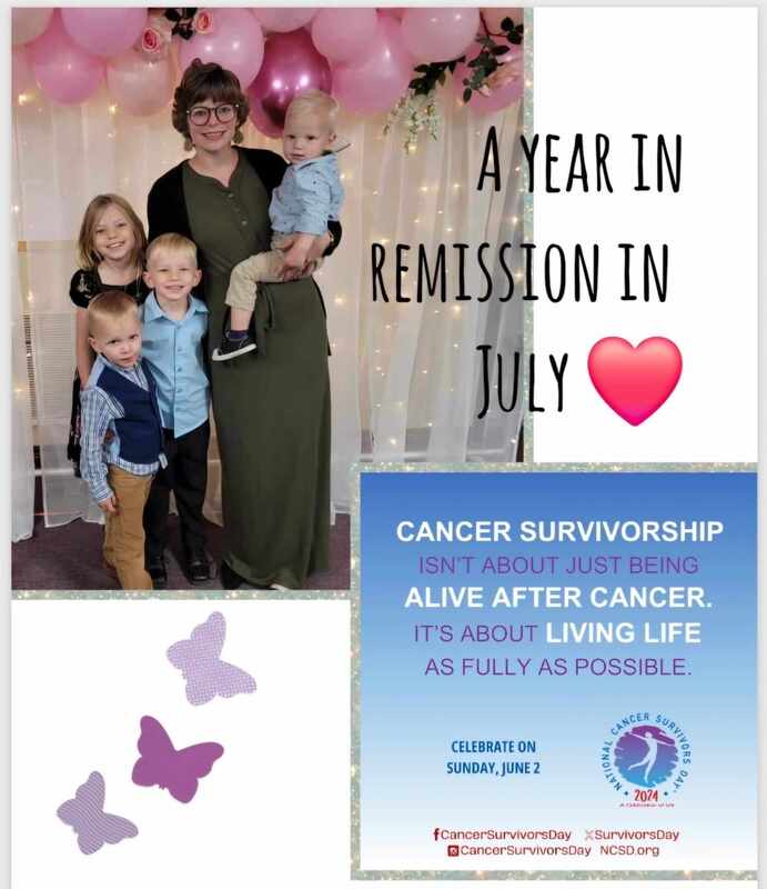 Celebrating a year in remission, a woman poses joyfully with four children against a backdrop of pink balloons, emphasizing cancer survivorship.
