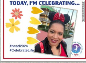 Smiling woman with Minnie Mouse ears celebrates Cancer Survivors Day, highlighted by festive graphics and a vibrant backdrop. #ncsd2024 #CelebrateLife
