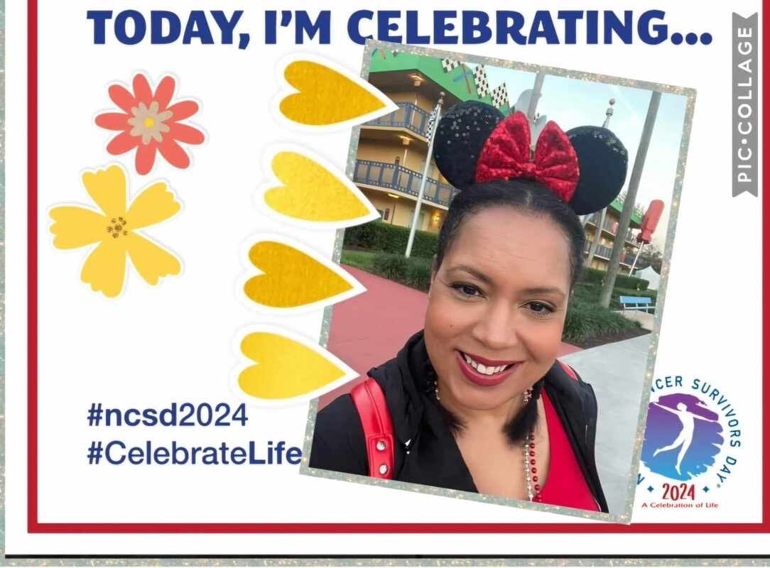 Smiling woman with Minnie Mouse ears celebrates Cancer Survivors Day, highlighted by festive graphics and a vibrant backdrop. #ncsd2024 #CelebrateLife