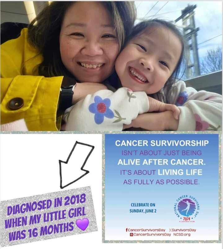 A smiling mother and daughter pose together, highlighting a personal cancer survival journey, with details about Cancer Survivorship Day and a diagnosis timeline.