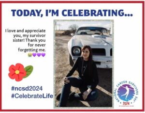 Celebrating National Cancer Survivors Day, a woman sits beside a vintage car, expressing gratitude for her survivor sister. #ncsd2024 #CelebrateLife