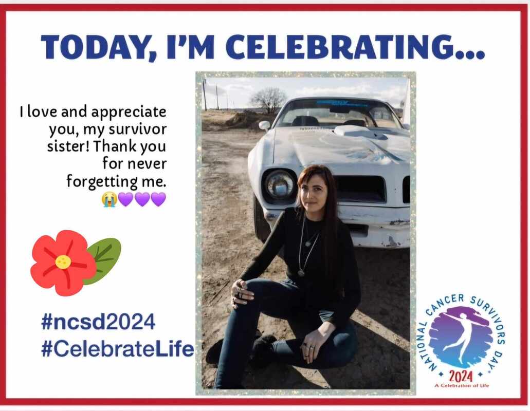 Celebrating National Cancer Survivors Day, a woman sits beside a vintage car, expressing gratitude for her survivor sister. #ncsd2024 #CelebrateLife