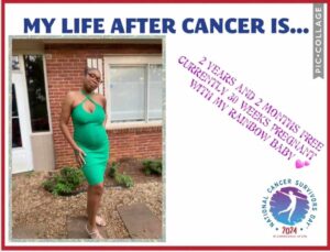 A pregnant woman in a green dress stands outside, celebrating two years cancer-free while sharing the joy of expecting her rainbow baby.
