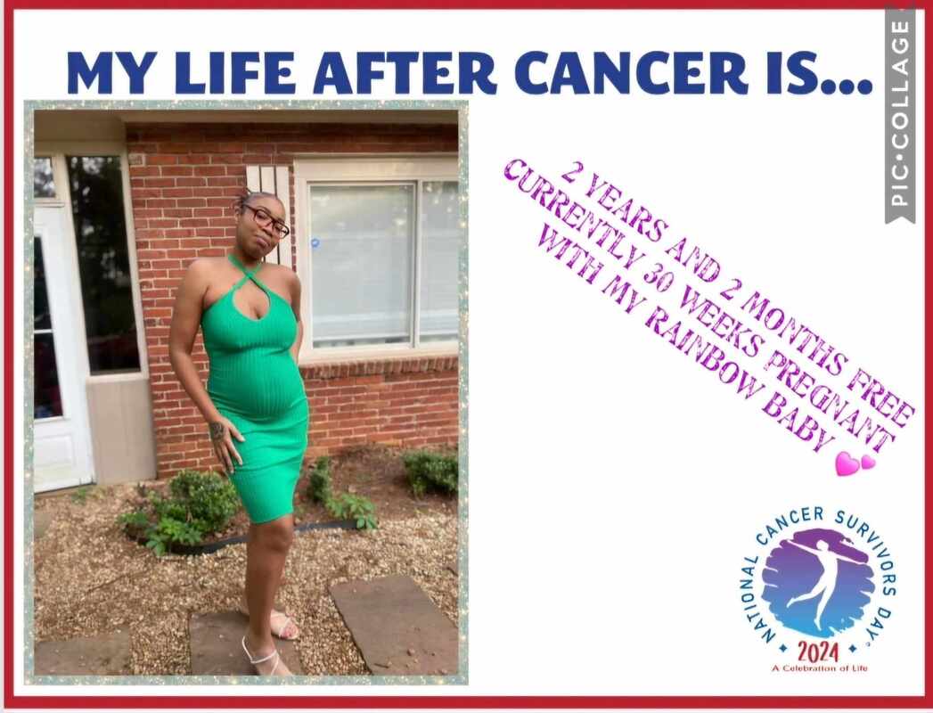 A pregnant woman in a green dress stands outside, celebrating two years cancer-free while sharing the joy of expecting her rainbow baby.