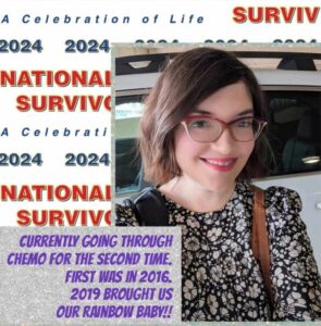 Woman with brown, wavy hair smiles in a floral top, alongside text promoting a National Survival celebration, sharing her cancer journey.