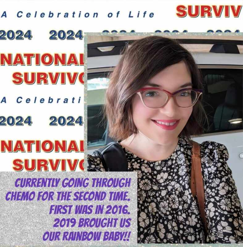 Woman with brown, wavy hair smiles in a floral top, alongside text promoting a National Survival celebration, sharing her cancer journey.