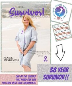 Woman celebrating being a 38-year cancer survivor at Laguna Beach, with text emphasizing awareness and treatment advancements.