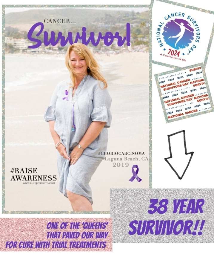 Woman celebrating being a 38-year cancer survivor at Laguna Beach, with text emphasizing awareness and treatment advancements.