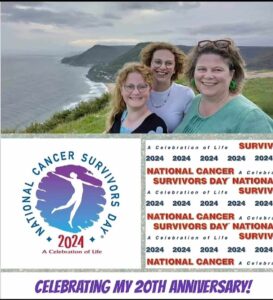 Three smiling women celebrate National Cancer Survivors Day 2024, with a scenic coastal background, highlighting the theme of survival and life.