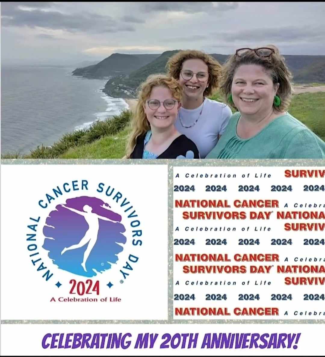 Three smiling women celebrate National Cancer Survivors Day 2024, with a scenic coastal background, highlighting the theme of survival and life.