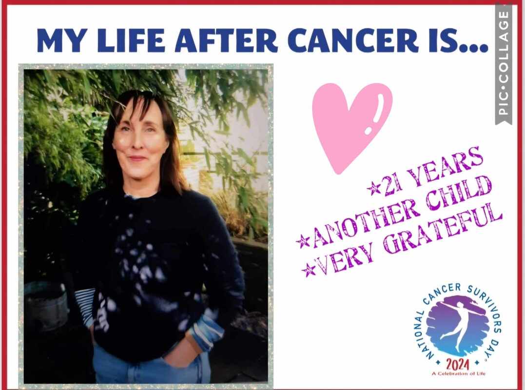 A smiling woman stands outdoors, surrounded by greenery, with text celebrating 21 years of life after cancer, expressing gratitude and joy.