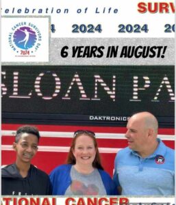 Three cancer survivors celebrate at Sloan Park, marking six years of survival. The event promotes awareness for National Cancer Survivors Day 2024.