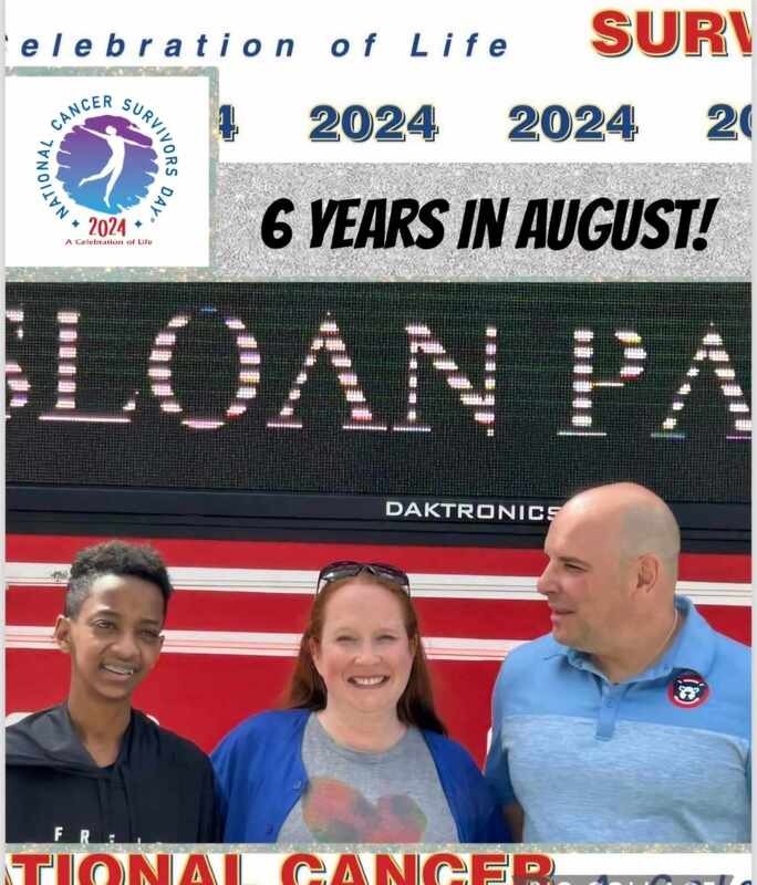 Three cancer survivors celebrate at Sloan Park, marking six years of survival. The event promotes awareness for National Cancer Survivors Day 2024.