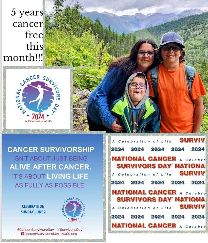A smiling family celebrates five years cancer-free amidst a scenic backdrop. Text highlights National Cancer Survivors Day 2024 and the joy of living fully after cancer.