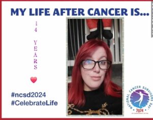 A smiling person with red hair and glasses celebrates 14 years of cancer survivorship. The image promotes National Cancer Survivors Day 2024.