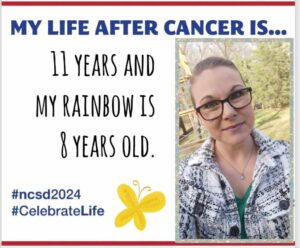 A smiling woman with glasses shares her journey 11 years post-cancer, celebrating her 8-year-old child, with a butterfly and hashtags promoting awareness.