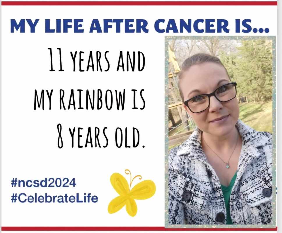 A smiling woman with glasses shares her journey 11 years post-cancer, celebrating her 8-year-old child, with a butterfly and hashtags promoting awareness.