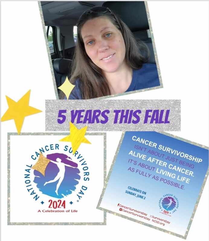 A smiling woman celebrates five years of cancer survivorship, highlighted by the 2024 National Cancer Survivors Day logo and empowering messages.