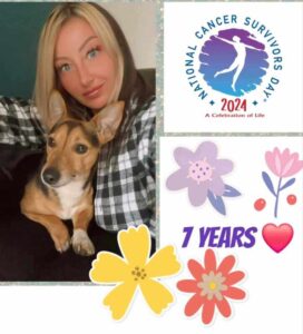 A smiling woman holds a dog, celebrating seven years of survival for National Cancer Survivors Day 2024, marked by colorful flowers and a logo.