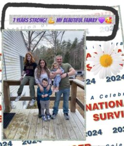 Celebrating seven years strong, a family poses together on a wooden deck surrounded by trees, sharing smiles and love.