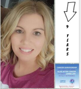 Cancer survivor celebrating 9 years of survivorship, smiling warmly. Text highlights the importance of living life fully after cancer.