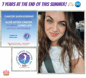 Celebrating 7 years post-cancer, a smiling woman in a car promotes National Cancer Survivors Day, highlighting the joy of living fully.