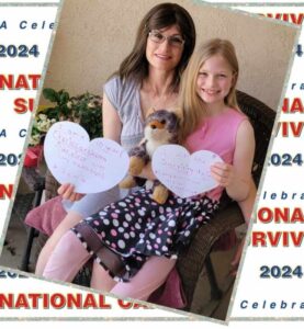 A woman and girl hold signs celebrating cancer survival. The woman notes her 10-year survival of chordoma, while the girl shares her survival journey.