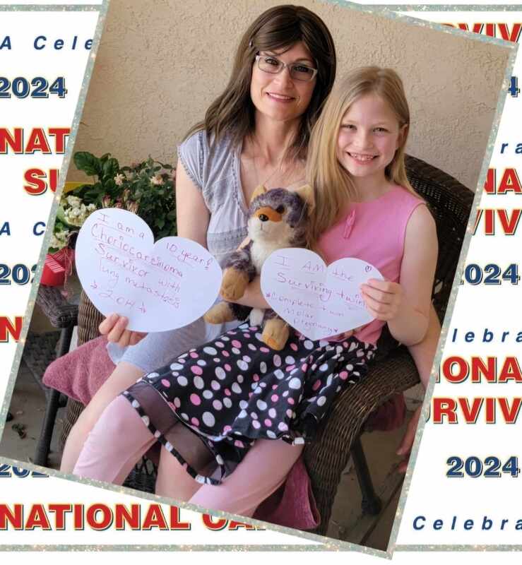 A woman and girl hold signs celebrating cancer survival. The woman notes her 10-year survival of chordoma, while the girl shares her survival journey.