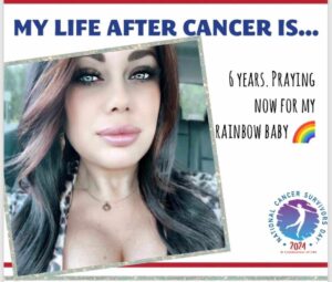 A woman with long, dark hair reflects on her cancer journey, stating "6 years. Praying now for my rainbow baby," alongside a rainbow emoji and a cancer awareness logo.