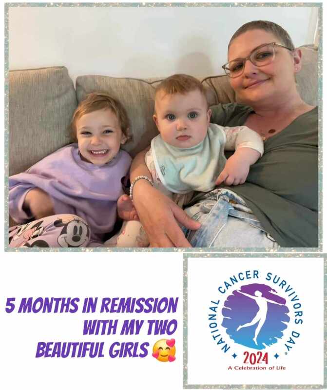 A woman with short hair sits on a couch with two young girls, celebrating five months in remission. A logo for National Cancer Survivors Day is in the corner.