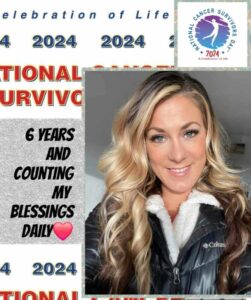 Portrait of a smiling woman celebrating six years as a cancer survivor, featuring text about National Cancer Survivors Day 2024.