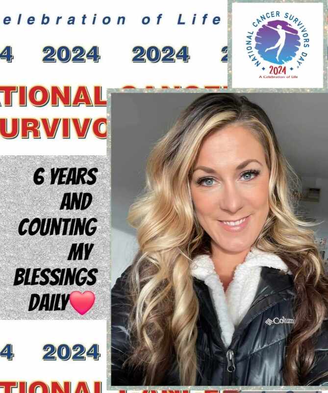 Portrait of a smiling woman celebrating six years as a cancer survivor, featuring text about National Cancer Survivors Day 2024.