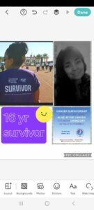 A woman wearing a "Survivor" shirt stands at a cancer survivor event, celebrating 16 years of survivorship, emphasizing living fully after cancer.