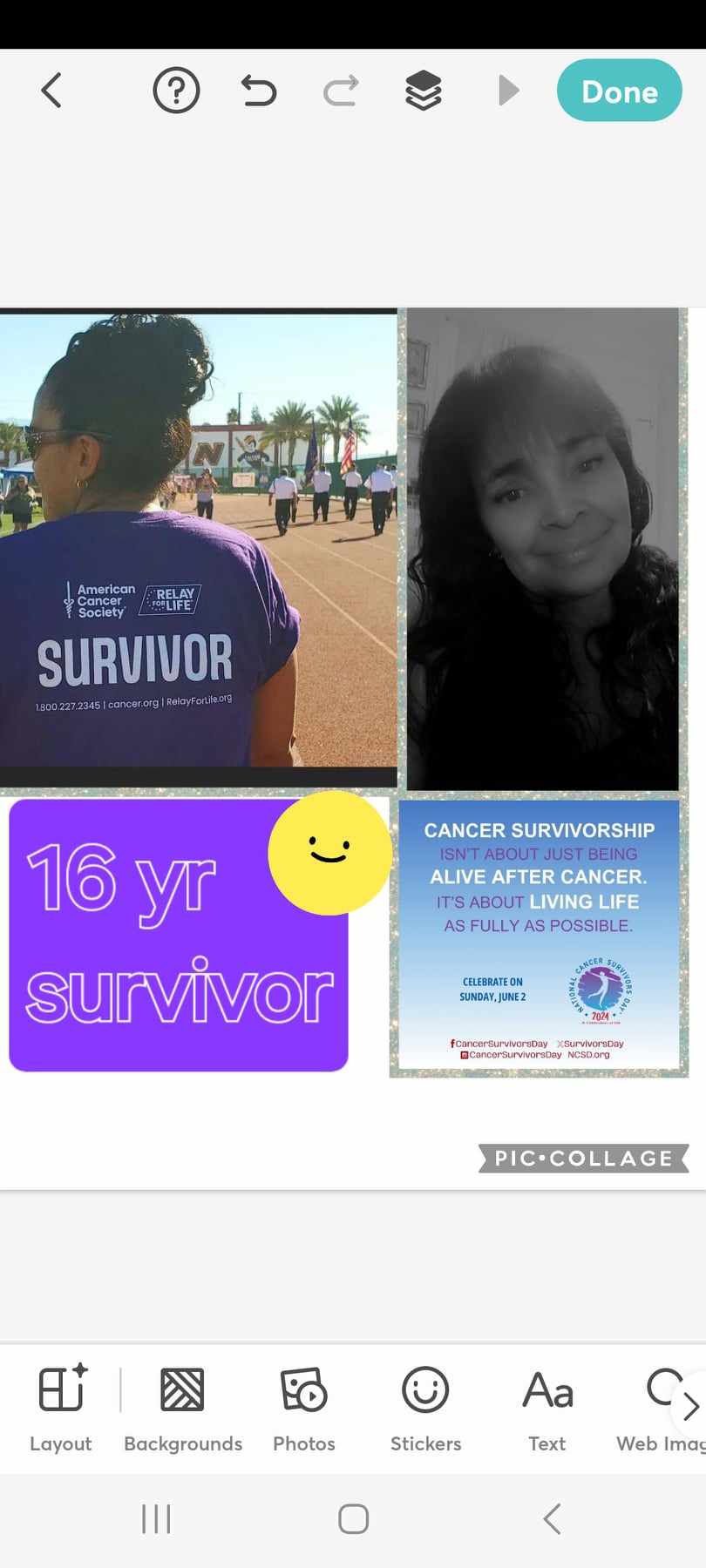 A woman wearing a "Survivor" shirt stands at a cancer survivor event, celebrating 16 years of survivorship, emphasizing living fully after cancer.
