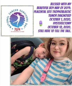 A woman with glasses and a striped shirt smiles with her child, who wears a backpack. The image commemorates National Cancer Survivors Day and shares a personal cancer journey.