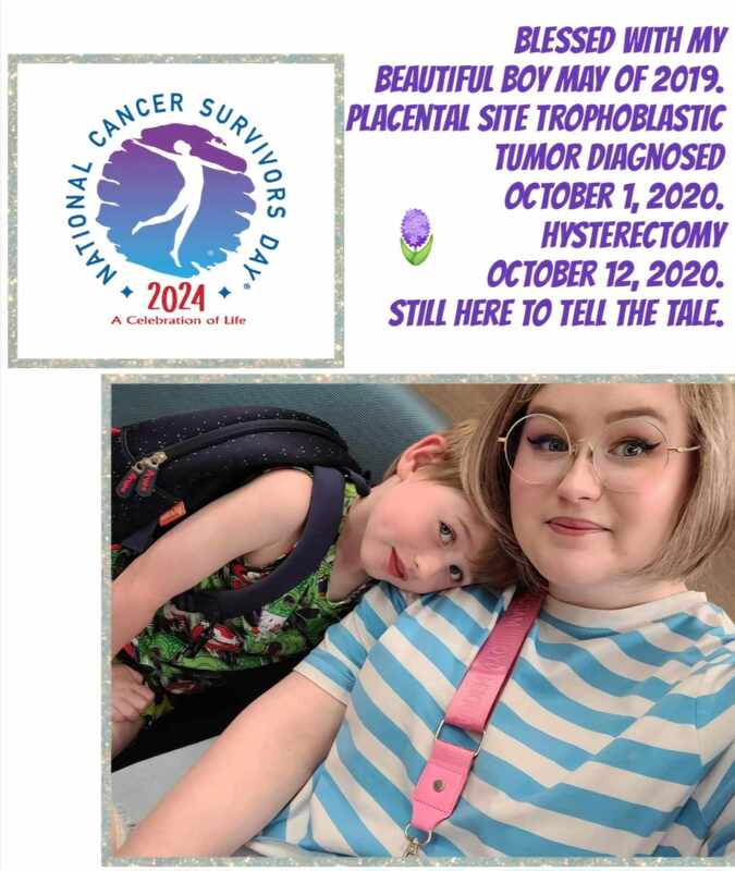 A woman with glasses and a striped shirt smiles with her child, who wears a backpack. The image commemorates National Cancer Survivors Day and shares a personal cancer journey.