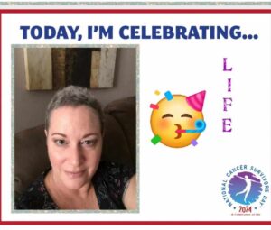 Smiling woman with short hair celebrates life, promoting National Cancer Survivors Day 2024. Joyful emojis enhance the uplifting message.