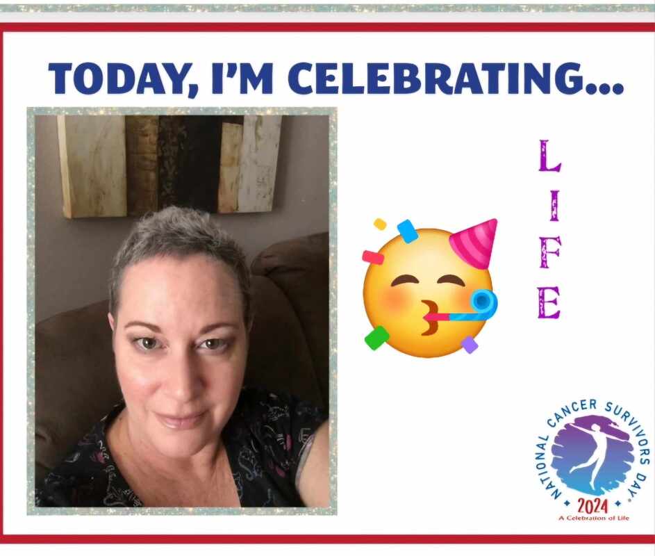 Smiling woman with short hair celebrates life, promoting National Cancer Survivors Day 2024. Joyful emojis enhance the uplifting message.