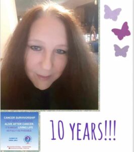 A woman celebrates 10 years of cancer survivorship, smiling with text stating "10 years!!!" and details about the significance of living life fully after cancer.