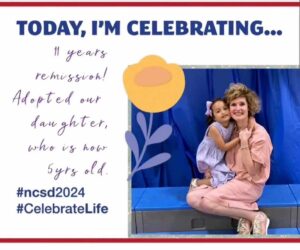 Mother and daughter celebrate 11 years of remission and adoption. Smiling joyfully, they embrace against a blue backdrop. #CelebrateLife