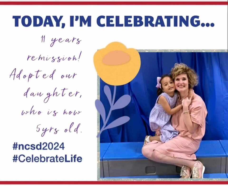 Mother and daughter celebrate 11 years of remission and adoption. Smiling joyfully, they embrace against a blue backdrop. #CelebrateLife