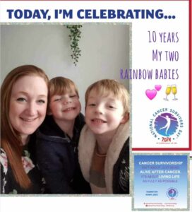 A smiling woman poses with her two young sons, celebrating 10 years of being cancer-free, marked by the text "Today, I’m celebrating..." and National Cancer Survivors Day graphics.