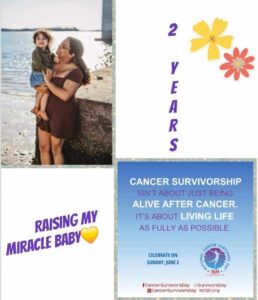 A mother holds her child by a body of water, celebrating two years of life after cancer. Text emphasizes joy in survivorship and living fully.