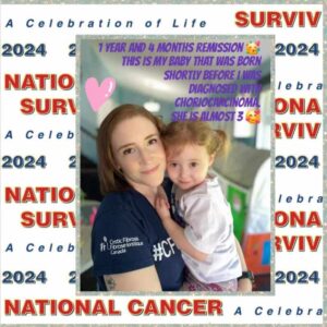 A woman holds her young daughter, celebrating 1 year and 4 months of remission from choriocarcinoma. Text highlights their connection and milestones.