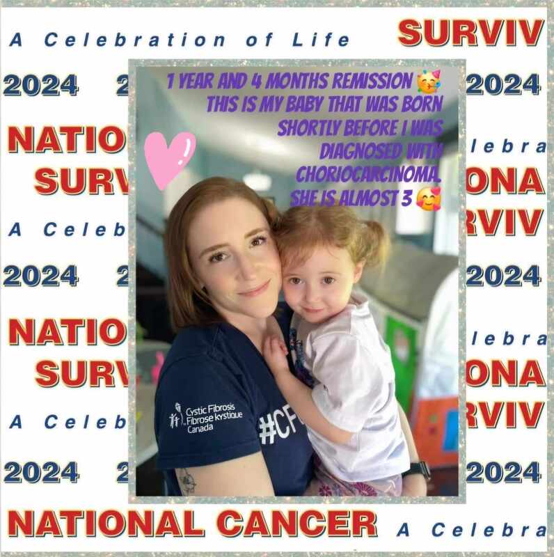 A woman holds her young daughter, celebrating 1 year and 4 months of remission from choriocarcinoma. Text highlights their connection and milestones.