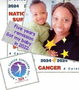 Woman smiling while holding a baby, celebrating five years in remission from cancer. Highlights National Cancer Survivors Day 2024.