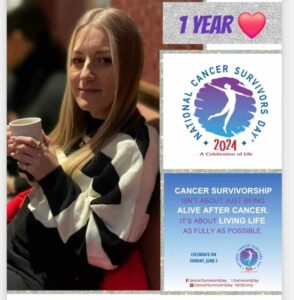 A woman in a striped sweater holds a cup, smiling. Text highlights "1 Year" and promotes National Cancer Survivors Day, celebrating life and survivorship.